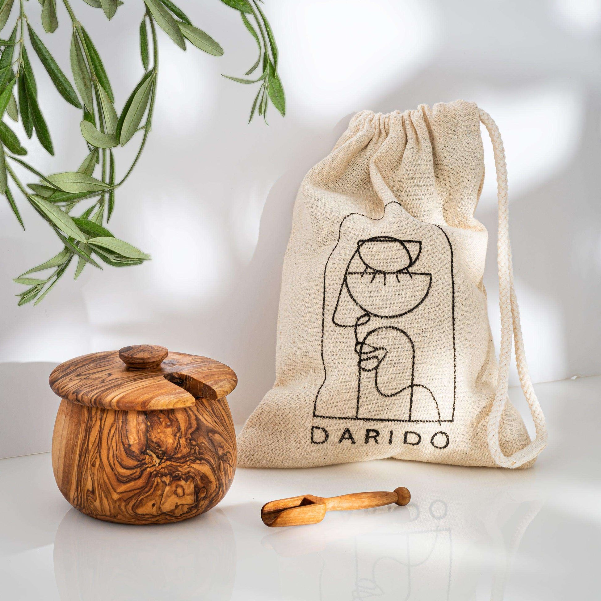 DARIDO Handmade Olive Wood Spice Jar: Elegantly Crafted with Lid & Scoop - Timelessly Durable